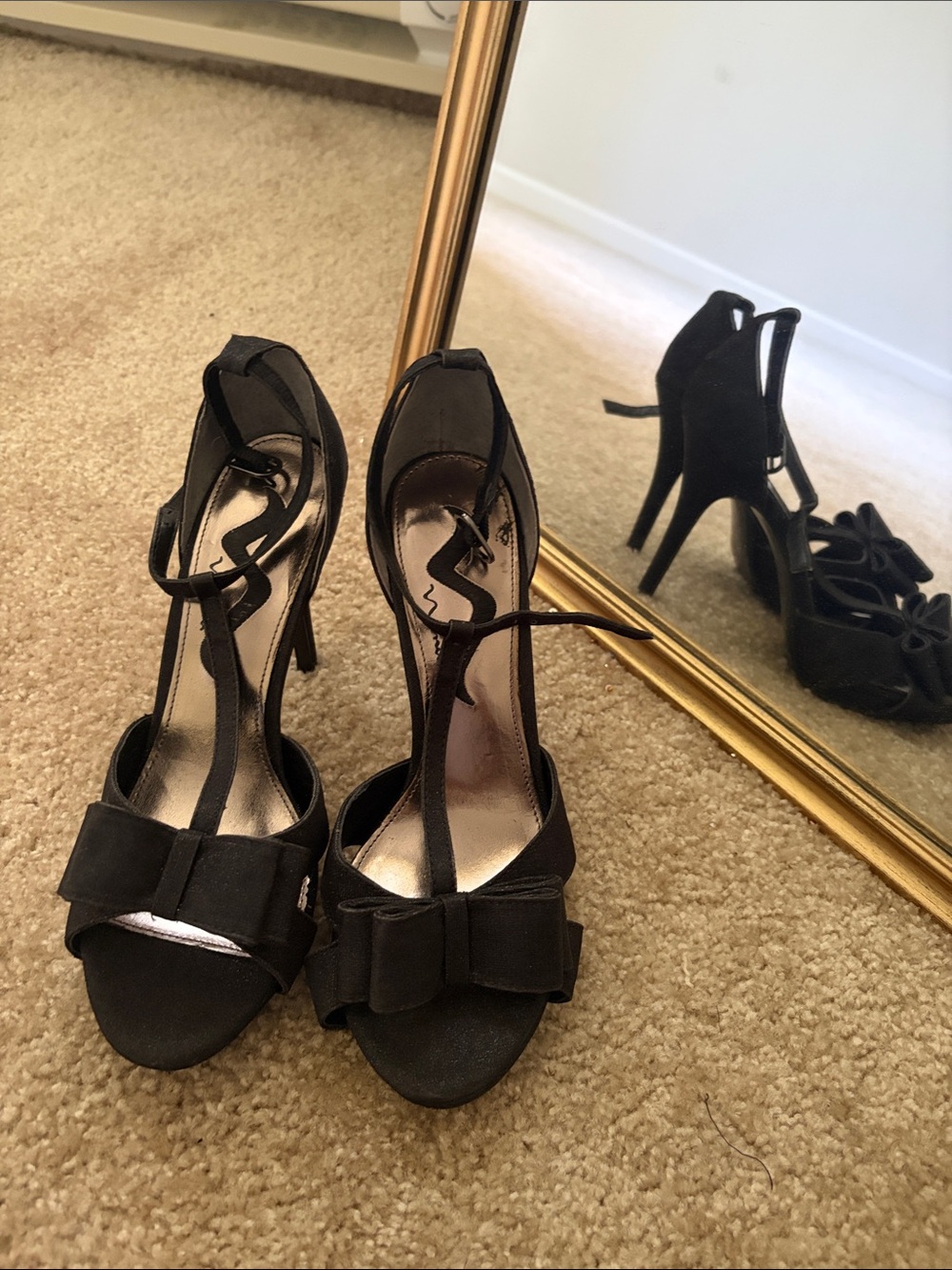 Black Suede Bow T-Strap Stiletto Heels - Women Shoes